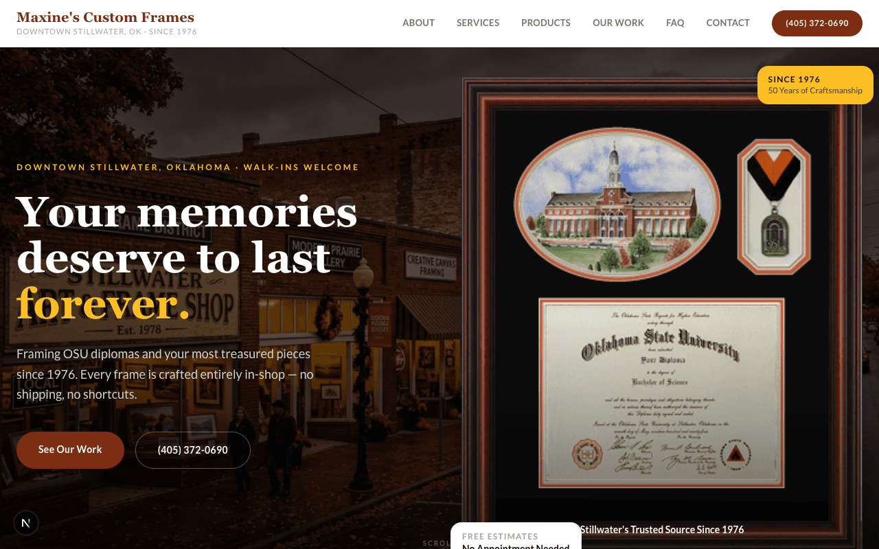 Maxine's Frame Shop website in Stillwater, OK