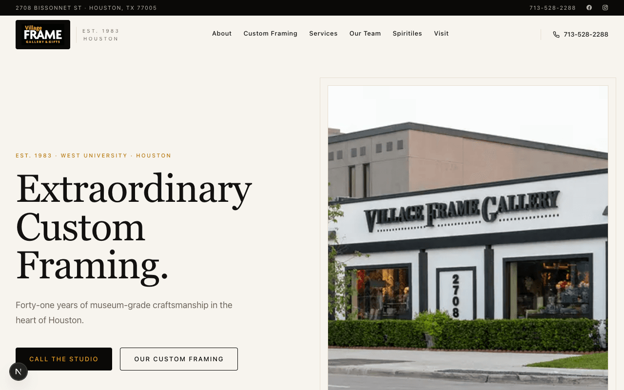 Village Frame Gallery website in Houston, TX