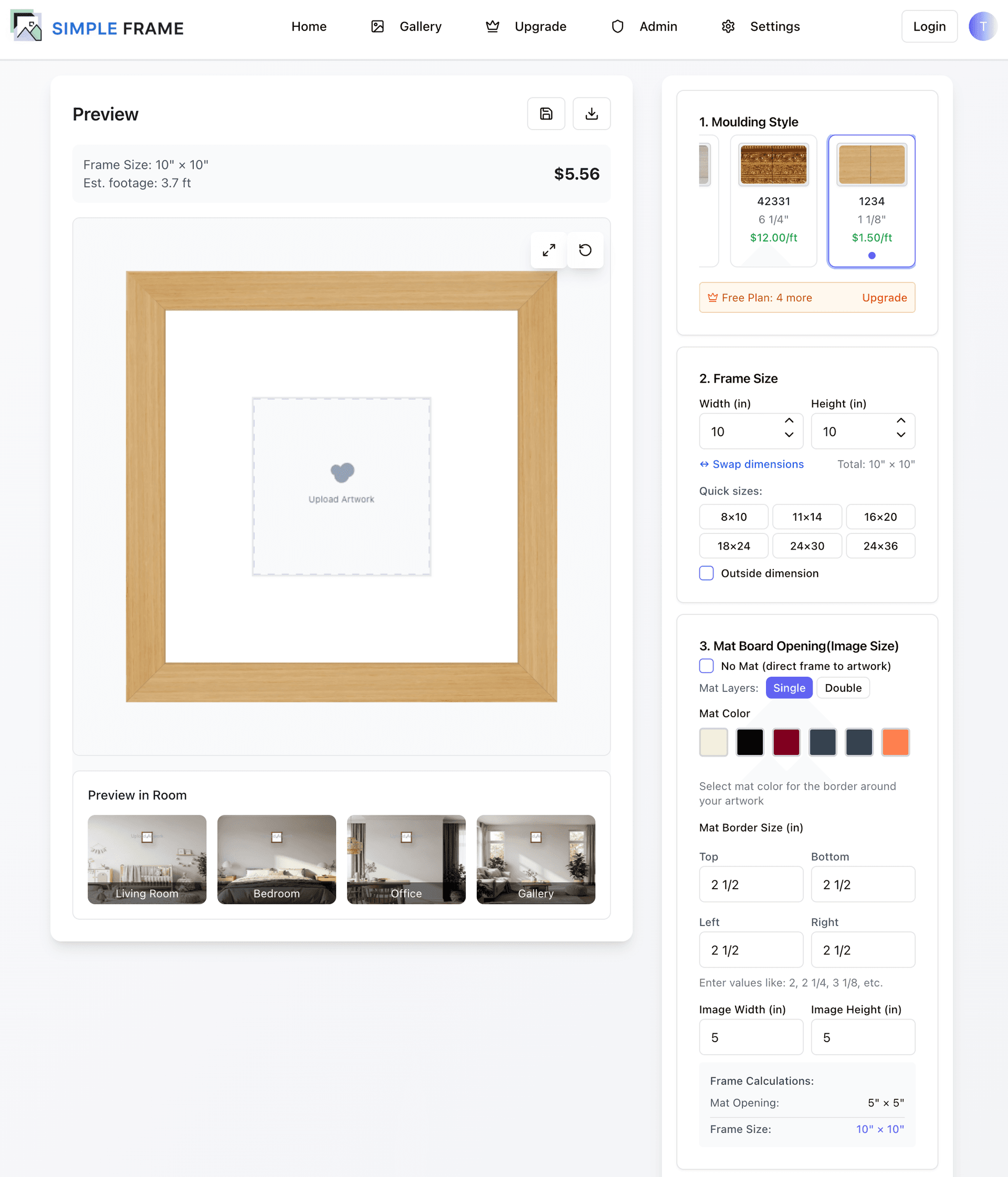 SimpleFrame quoting and frame preview interface